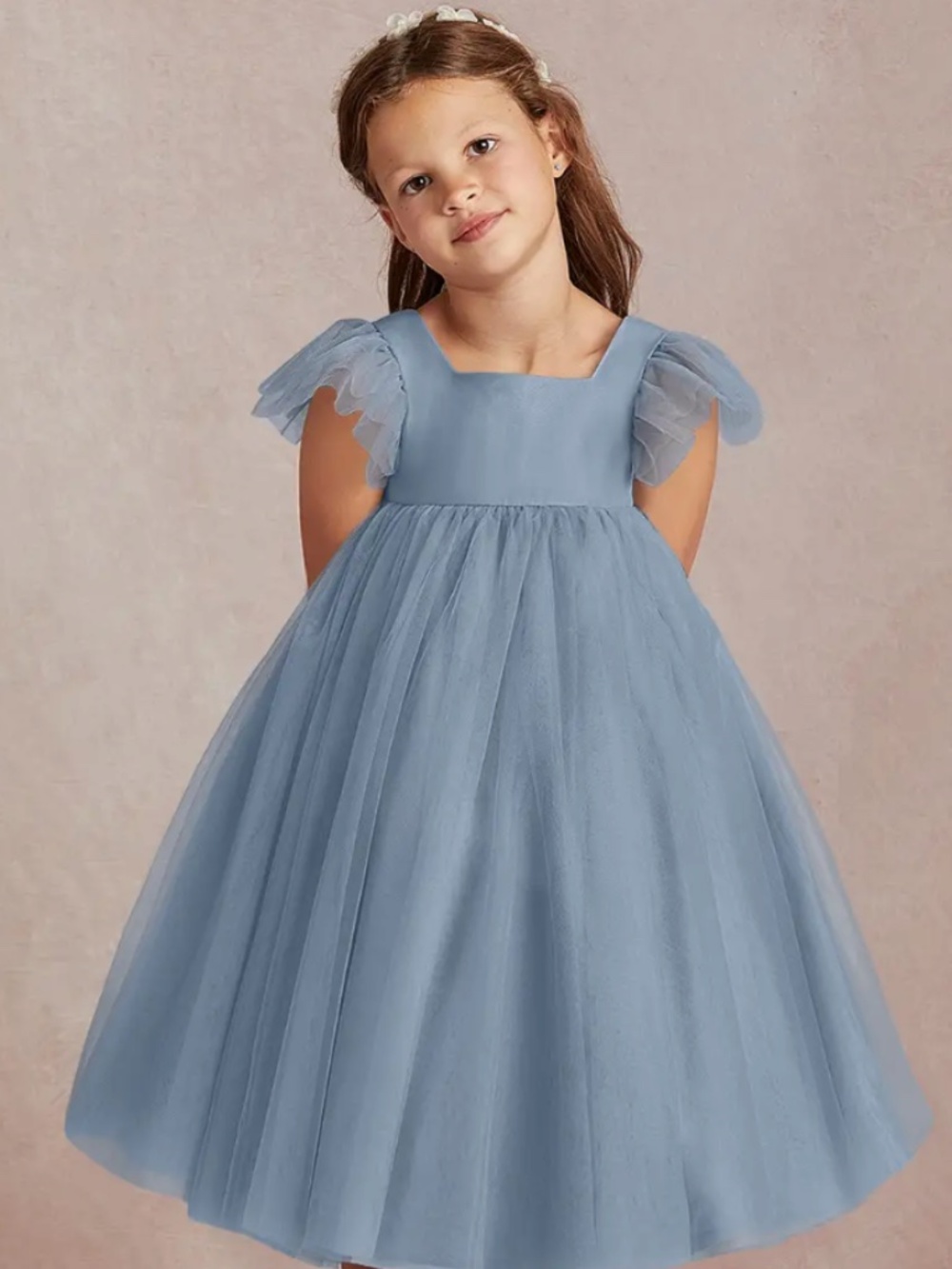 Azazie Kalio Flower Girl Dress Dusty Blue Tulle Size 2 NWT